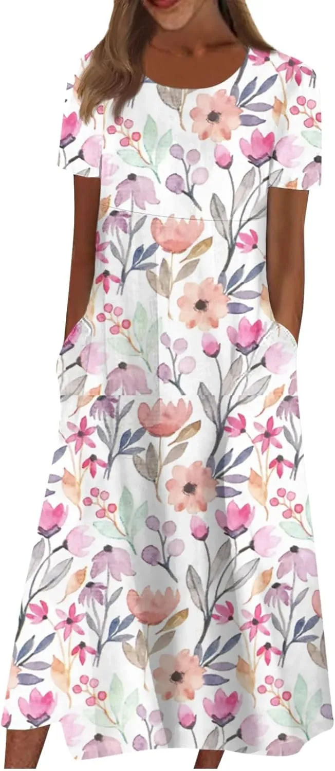 Womens Dress Pleated Loose Round Neck Daily with Pocket Midi Classic Dressy Ladies Short-Sleeve Trendy with Pocket