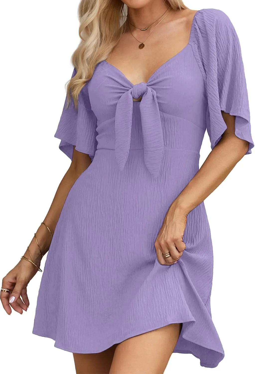 Womens Dresses 2024 Spring Summer Deep V Neck Elegant Bow tie Mini Dress S-XL