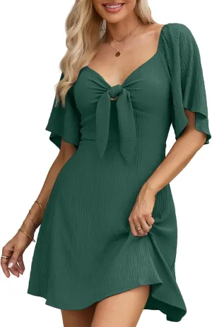 Womens Dresses 2024 Spring Summer Deep V Neck Elegant Bow tie Mini Dress S-XL