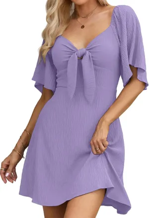 Womens Dresses 2024 Spring Summer Deep V Neck Elegant Bow tie Mini Dress S-XL