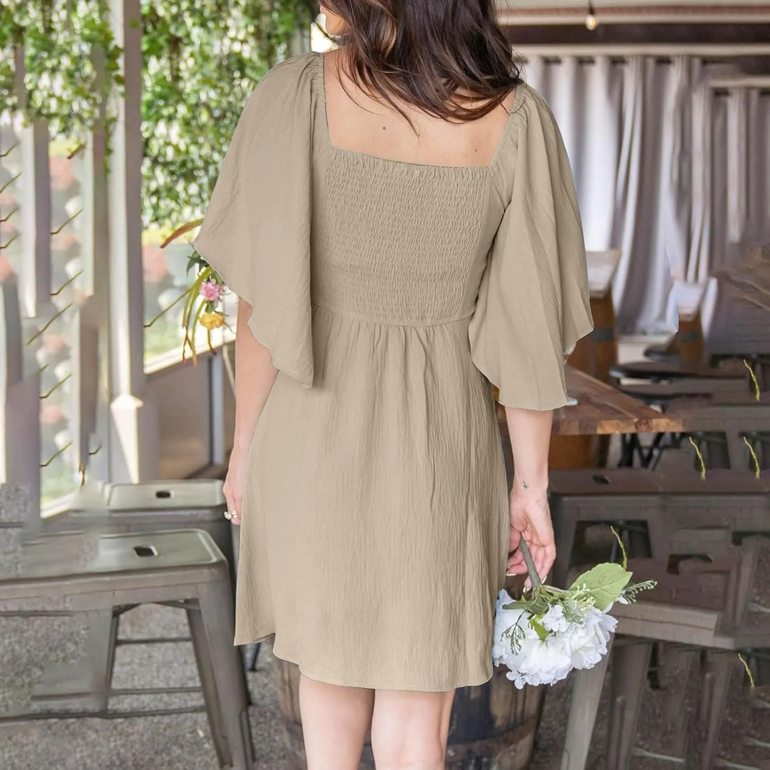 Womens Dresses 2024 Spring Summer Deep V Neck Elegant Bow Tie Mini Dress Short Sleeve Solid Casual Graduation Dress