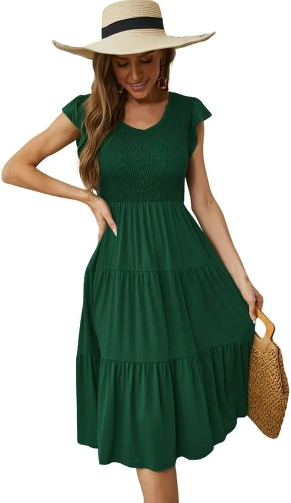 Womens Elegant Evening Party Dress Flutter Sleeve Midi Summer Beach V Neck Sundress Casual Tiered Smocked
