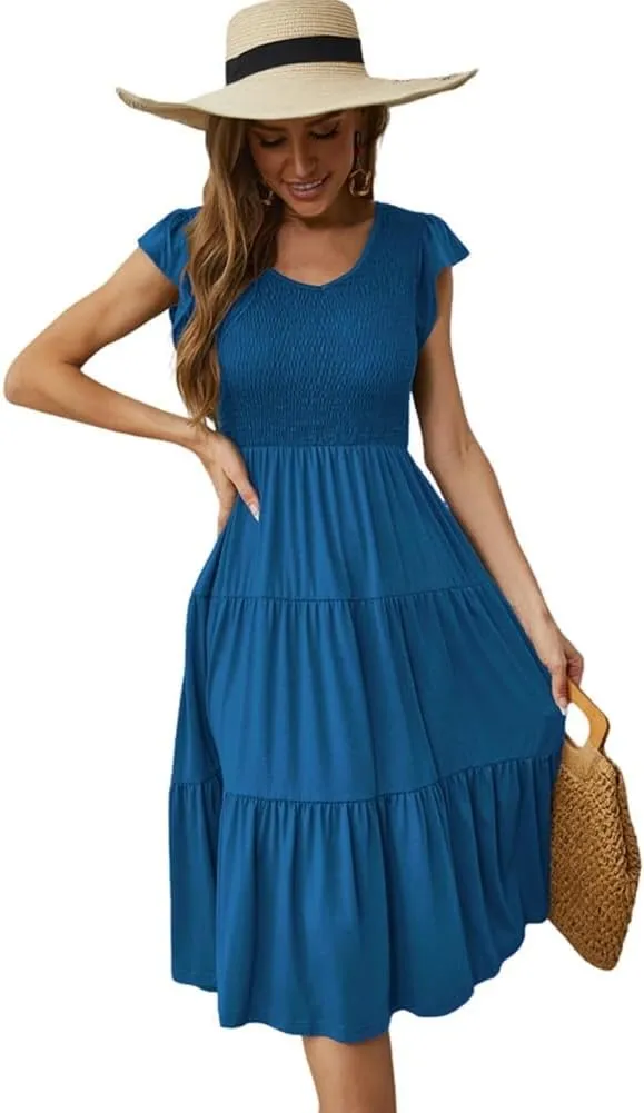 Womens Elegant Evening Party Dress Flutter Sleeve Midi Summer Beach V Neck Sundress Casual Tiered Smocked