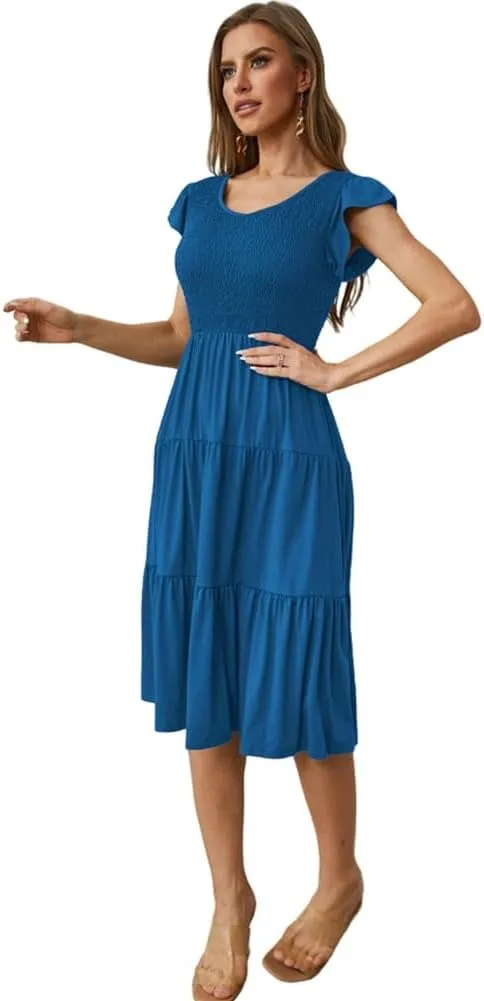 Womens Elegant Evening Party Dress Flutter Sleeve Midi Summer Beach V Neck Sundress Casual Tiered Smocked