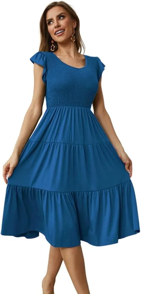 Womens Elegant Evening Party Dress Flutter Sleeve Midi Summer Beach V Neck Sundress Casual Tiered Smocked