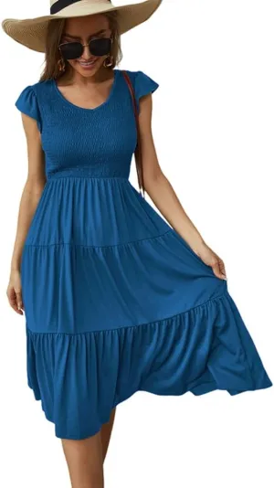 Womens Elegant Evening Party Dress Flutter Sleeve Midi Summer Beach V Neck Sundress Casual Tiered Smocked