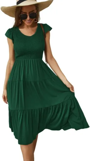 Womens Elegant Evening Party Dress Flutter Sleeve Midi Summer Beach V Neck Sundress Casual Tiered Smocked