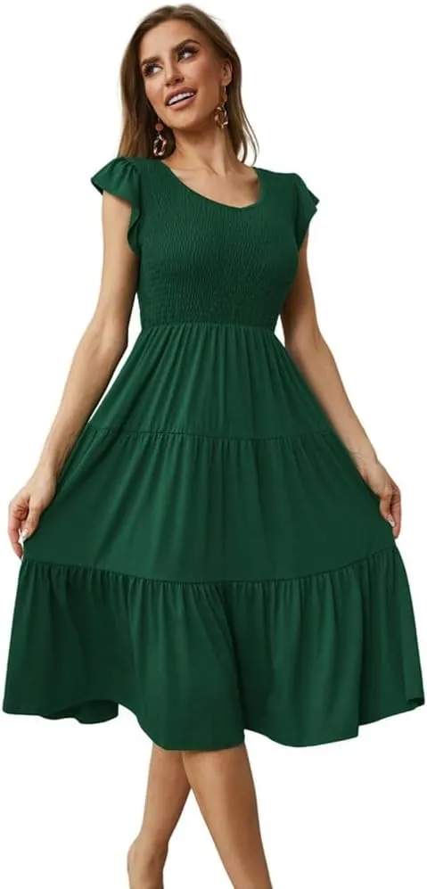 Womens Elegant Evening Party Dress Flutter Sleeve Midi Summer Beach V Neck Sundress Casual Tiered Smocked