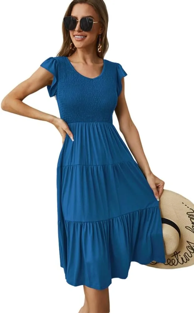 Womens Elegant Evening Party Dress Flutter Sleeve Midi Summer Beach V Neck Sundress Casual Tiered Smocked