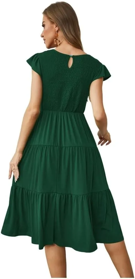 Womens Elegant Evening Party Dress Flutter Sleeve Midi Summer Beach V Neck Sundress Casual Tiered Smocked