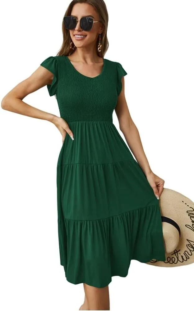 Womens Elegant Evening Party Dress Flutter Sleeve Midi Summer Beach V Neck Sundress Casual Tiered Smocked