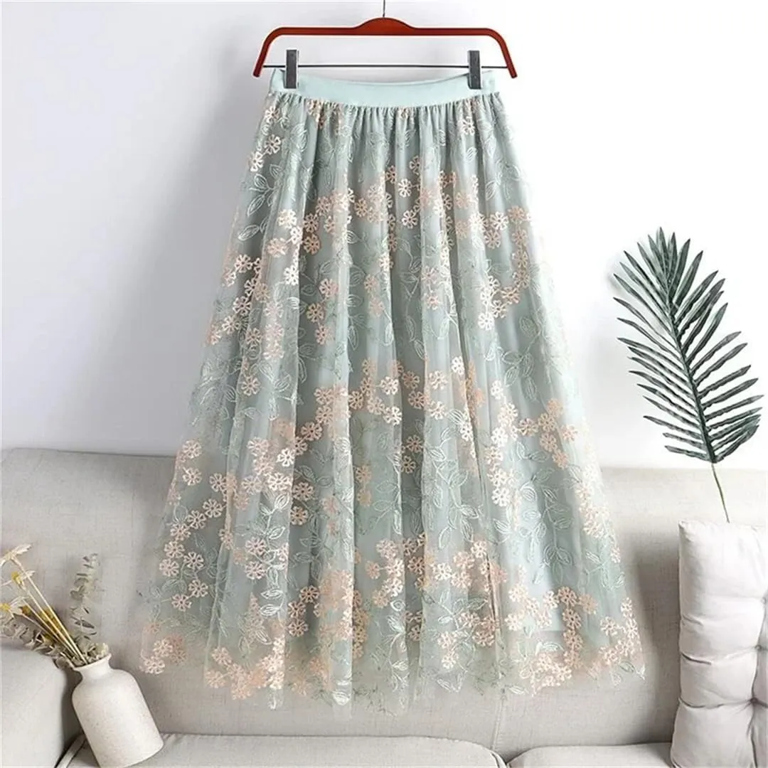 Women's Embroidered Tulle Skirt Stretch High Waist Casual A-Line Pleated Mesh Midi Skirts