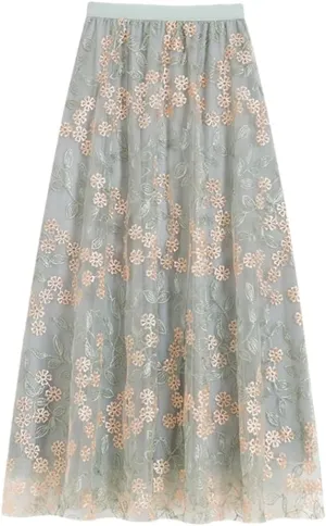 Women's Embroidered Tulle Skirt Stretch High Waist Casual A-Line Pleated Mesh Midi Skirts