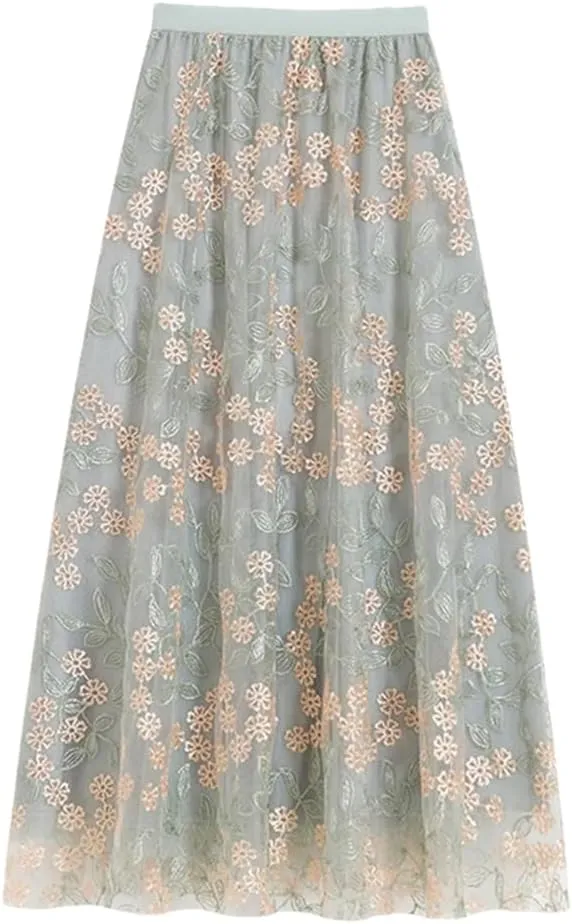 Women's Embroidered Tulle Skirt Stretch High Waist Casual A-Line Pleated Mesh Midi Skirts