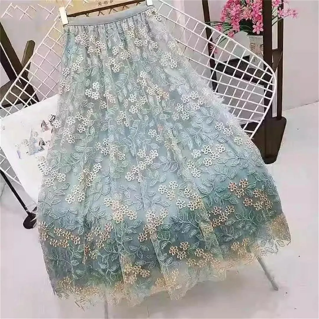 Women's Embroidered Tulle Skirt Stretch High Waist Casual A-Line Pleated Mesh Midi Skirts