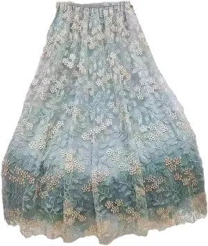 Women's Embroidered Tulle Skirt Stretch High Waist Casual A-Line Pleated Mesh Midi Skirts