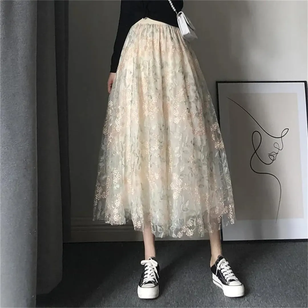 Women's Embroidered Tulle Skirt Stretch High Waist Casual A-Line Pleated Mesh Midi Skirts