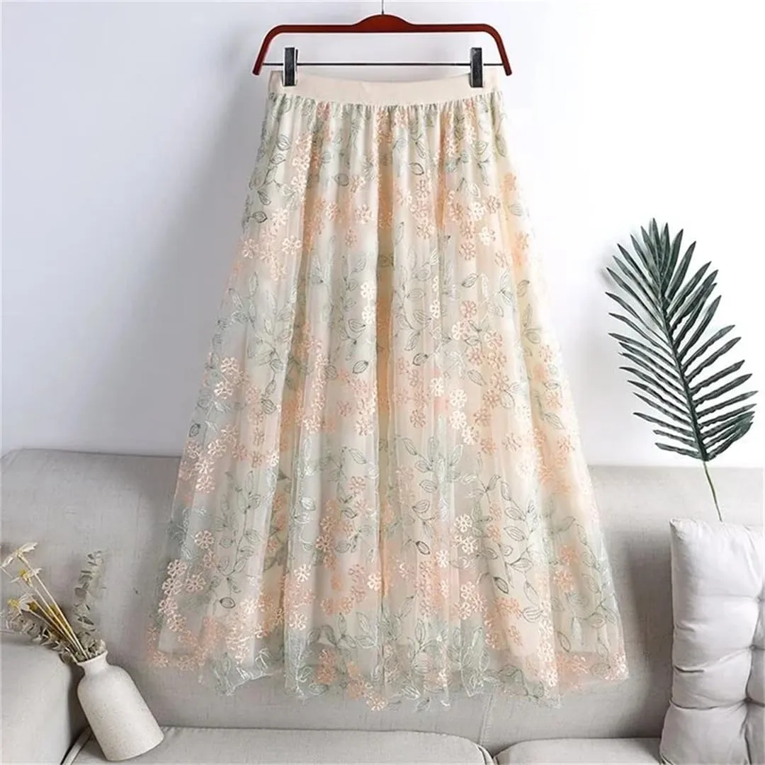 Women's Embroidered Tulle Skirt Stretch High Waist Casual A-Line Pleated Mesh Midi Skirts