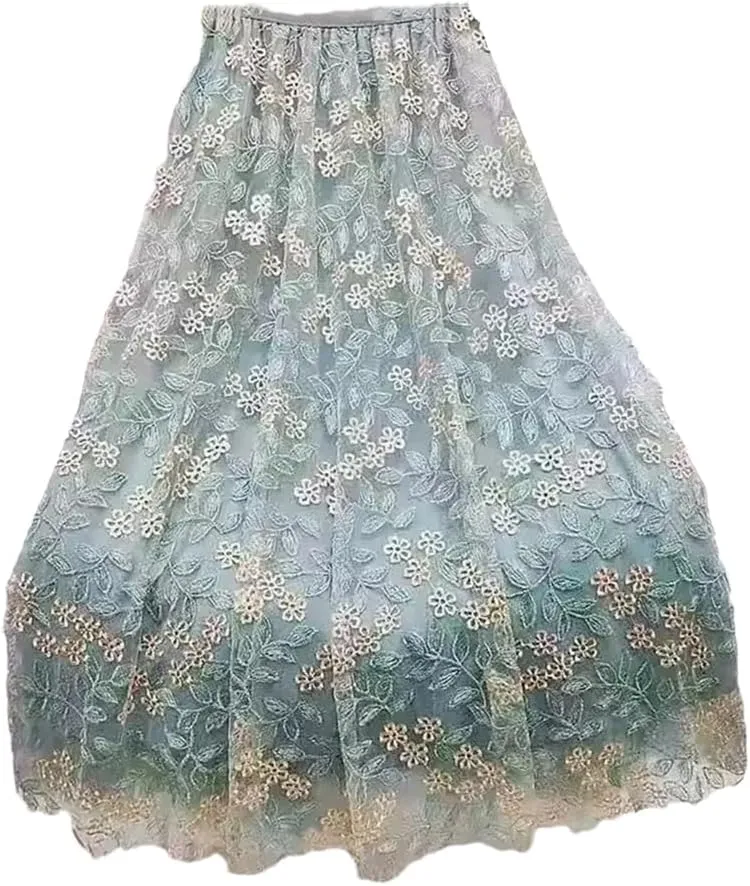 Women's Embroidered Tulle Skirt Stretch High Waist Casual A-Line Pleated Mesh Midi Skirts
