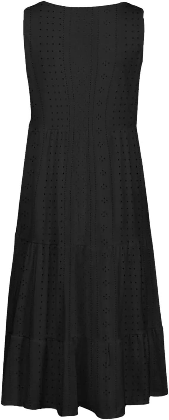Womens Eyelet Dresses Summer Tiered Ruffle Hem Mini Swing Dress Casual Sleeveless Dress Crew Neck Flowy Beach Sundress