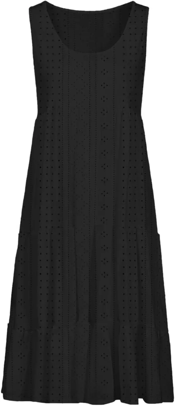 Womens Eyelet Dresses Summer Tiered Ruffle Hem Mini Swing Dress Casual Sleeveless Dress Crew Neck Flowy Beach Sundress