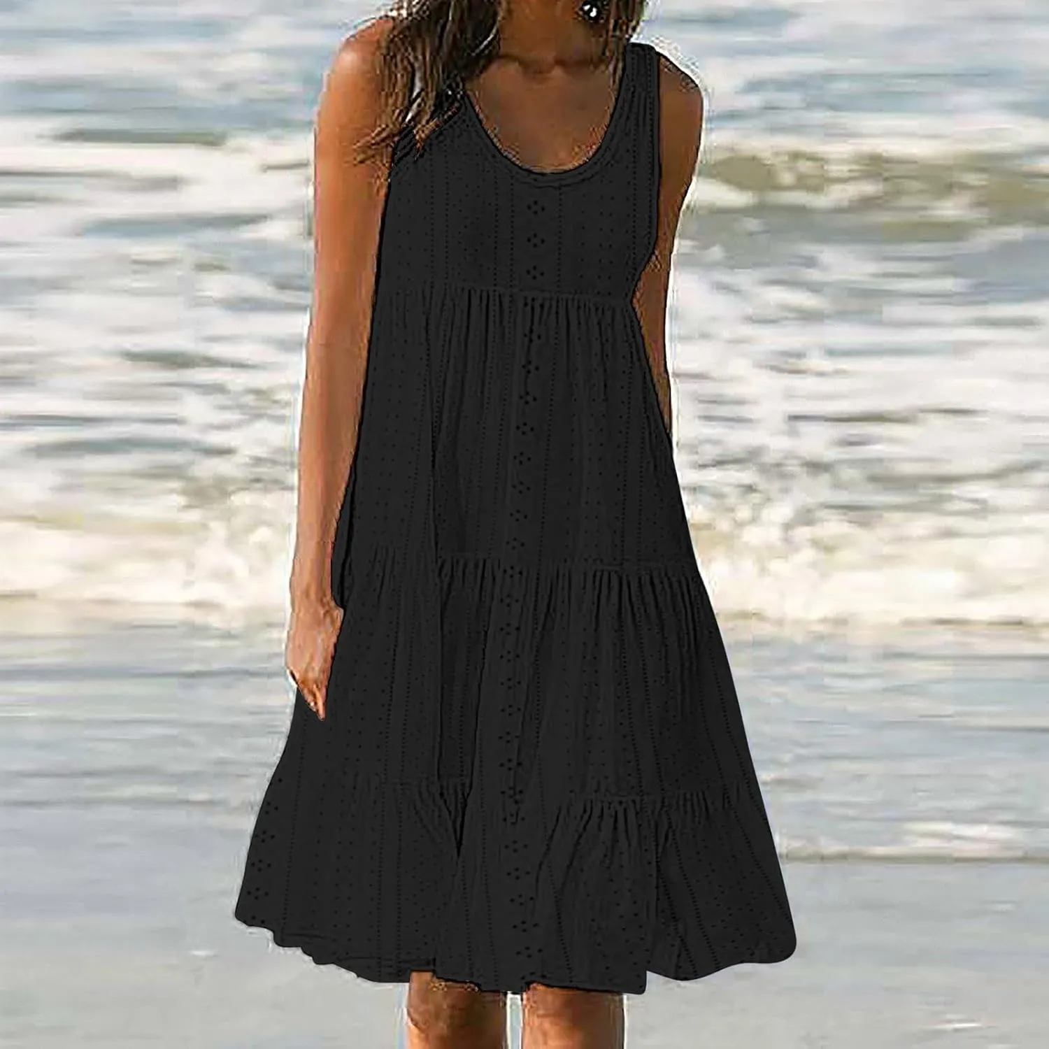 Womens Eyelet Dresses Summer Tiered Ruffle Hem Mini Swing Dress Casual Sleeveless Dress Crew Neck Flowy Beach Sundress