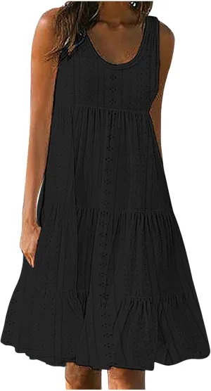 Womens Eyelet Dresses Summer Tiered Ruffle Hem Mini Swing Dress Casual Sleeveless Dress Crew Neck Flowy Beach Sundress