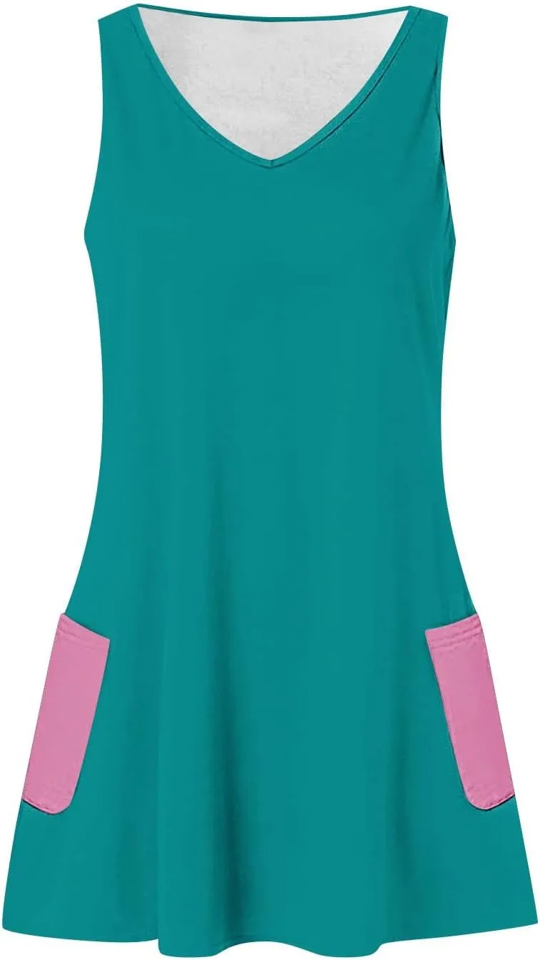 Womens Fashion Spring Summer Dresses Solid Color V-Neck Straps Color Matching Curve Hem Sundress with Pocket