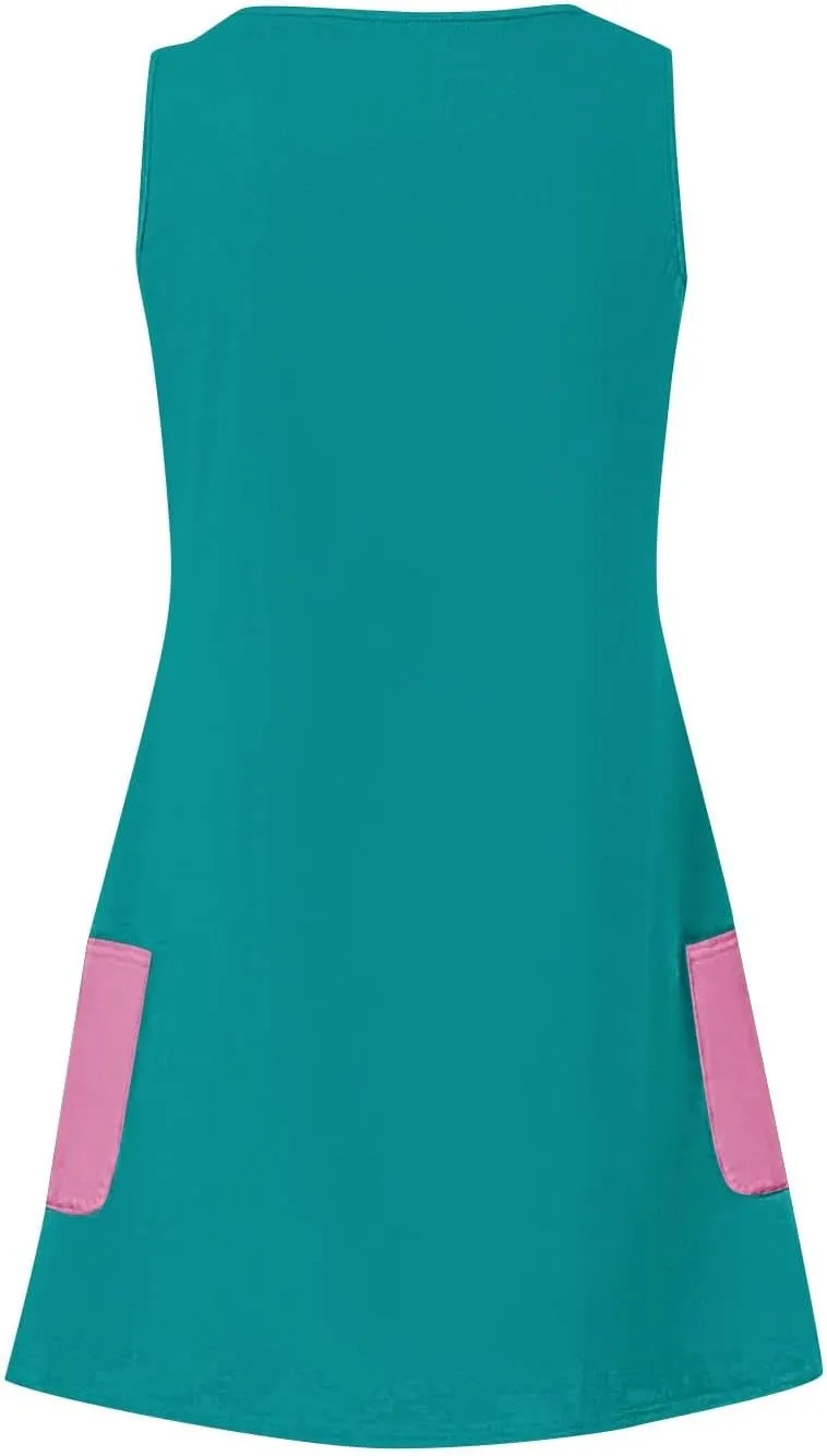 Womens Fashion Spring Summer Dresses Solid Color V-Neck Straps Color Matching Curve Hem Sundress with Pocket