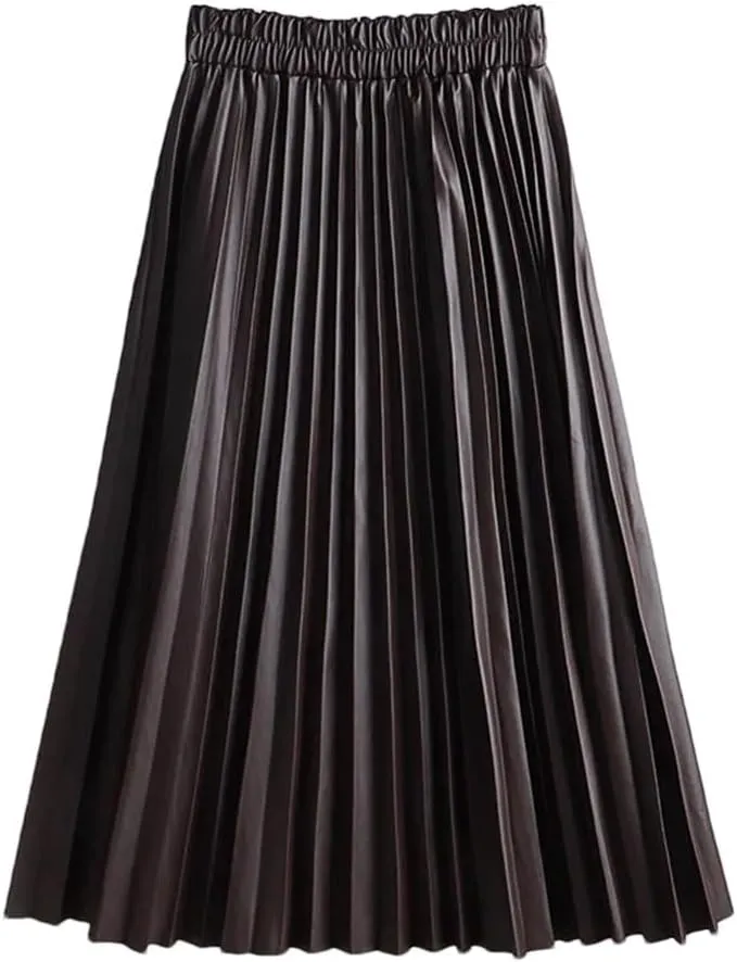 Women's Faux Leather Pleated Skirt Elegant Elastic Waist Long A-Line Midi Skirt for Autumn Winter