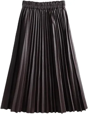 Women's Faux Leather Pleated Skirt Elegant Elastic Waist Long A-Line Midi Skirt for Autumn Winter