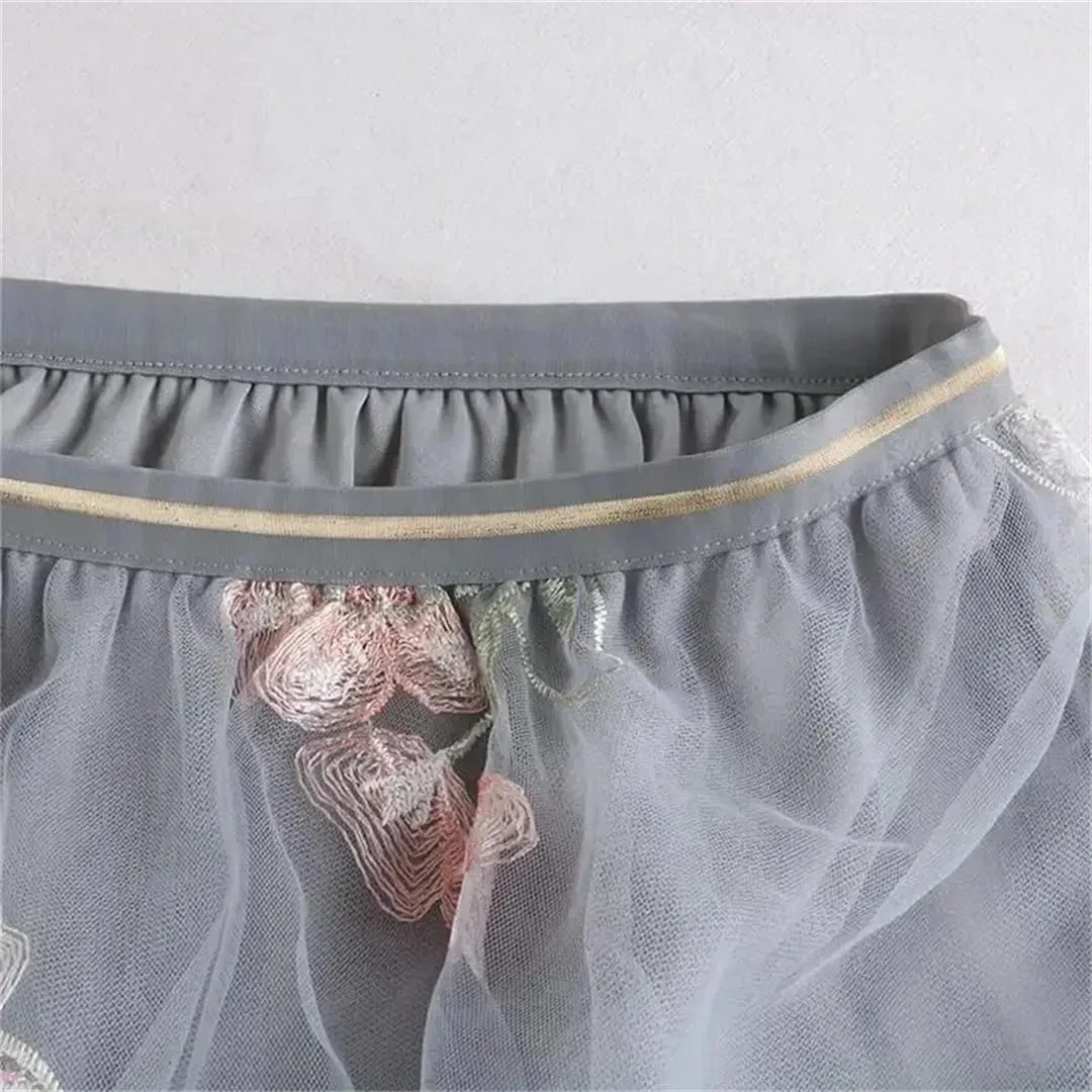 Women's Floral Embroidered Tulle Skirt Stretch High Waist A-Line Casual Pleated Midi Skirts
