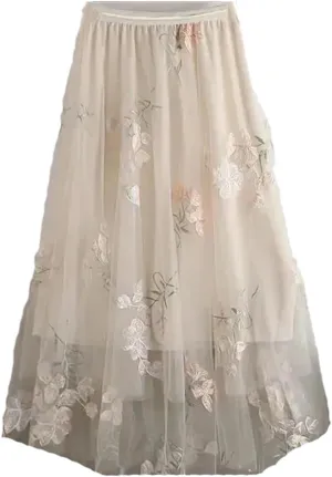 Women's Floral Embroidered Tulle Skirt Stretch High Waist A-Line Casual Pleated Midi Skirts