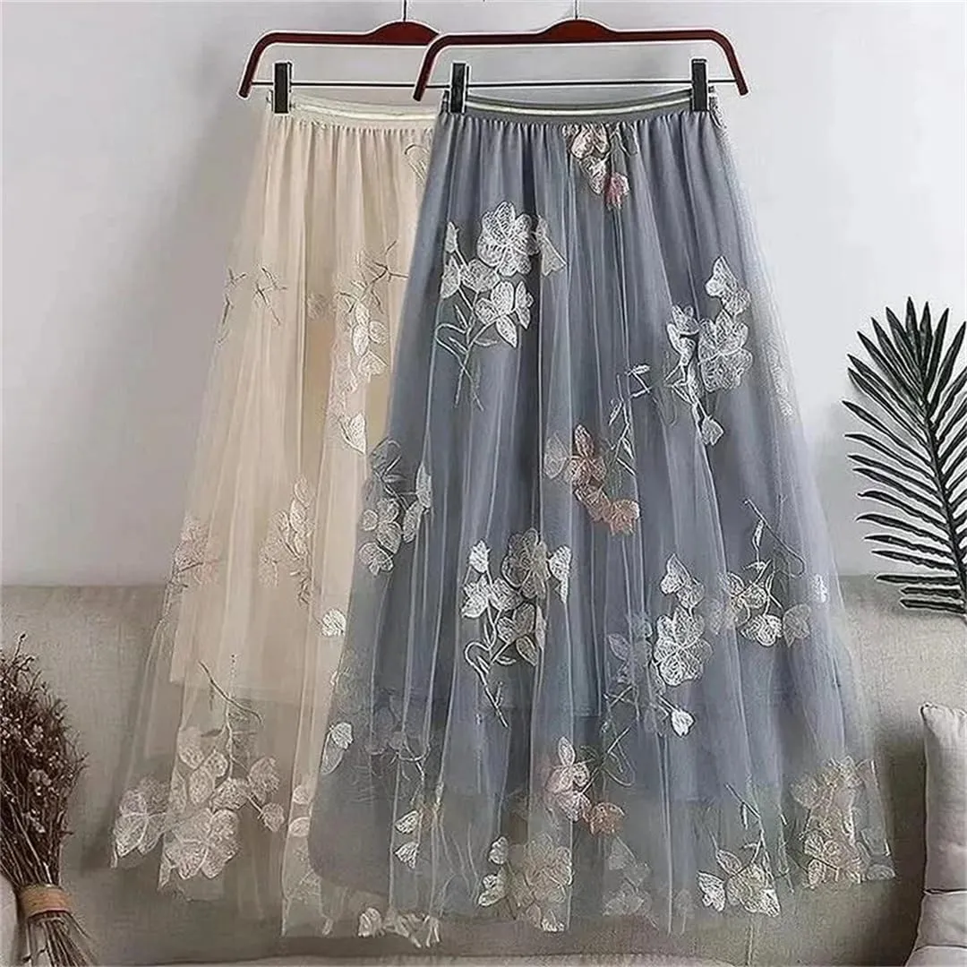 Women's Floral Embroidered Tulle Skirt Stretch High Waist A-Line Casual Pleated Midi Skirts