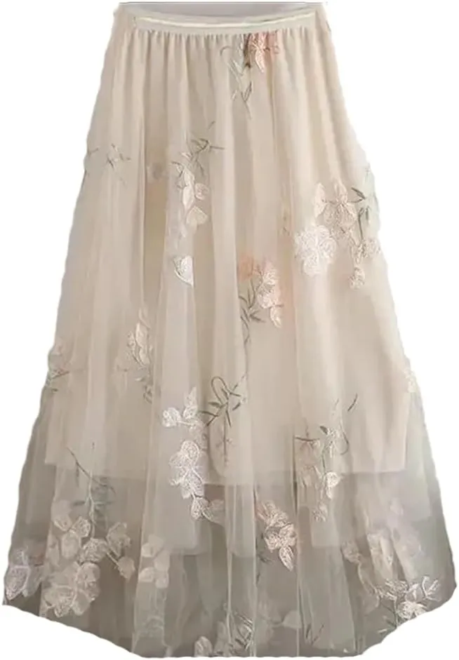 Women's Floral Embroidered Tulle Skirt Stretch High Waist A-Line Casual Pleated Midi Skirts