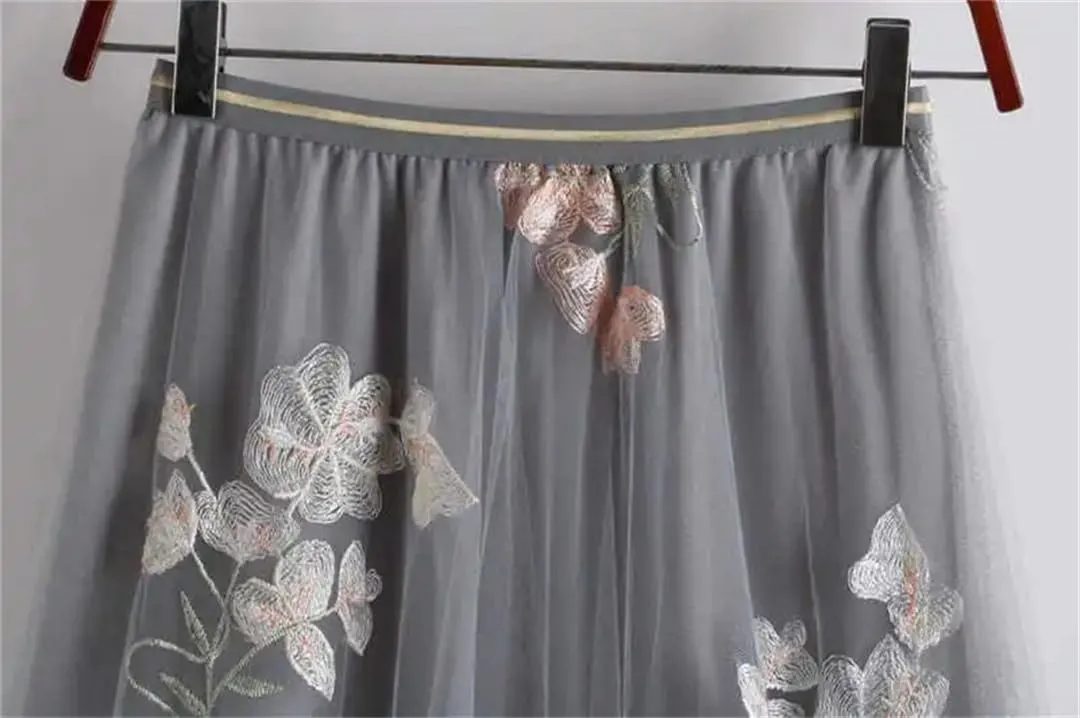 Women's Floral Embroidered Tulle Skirt Stretch High Waist A-Line Casual Pleated Midi Skirts