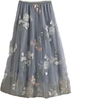 Women's Floral Embroidered Tulle Skirt Stretch High Waist A-Line Casual Pleated Midi Skirts