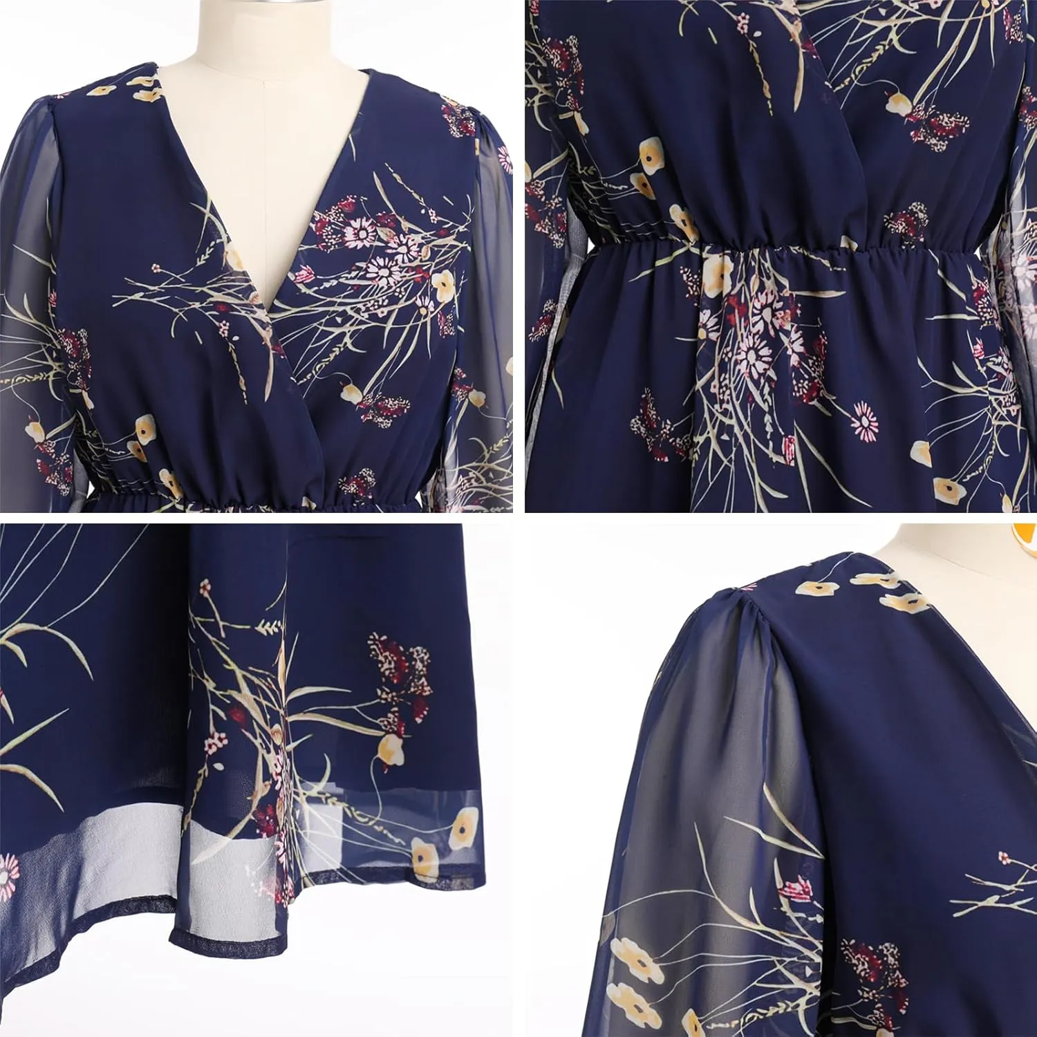 Women's Floral Print Chiffon Dresses V-Neck Tie Long Sleeve A-Line Ruffle Cocktail Party Dresses