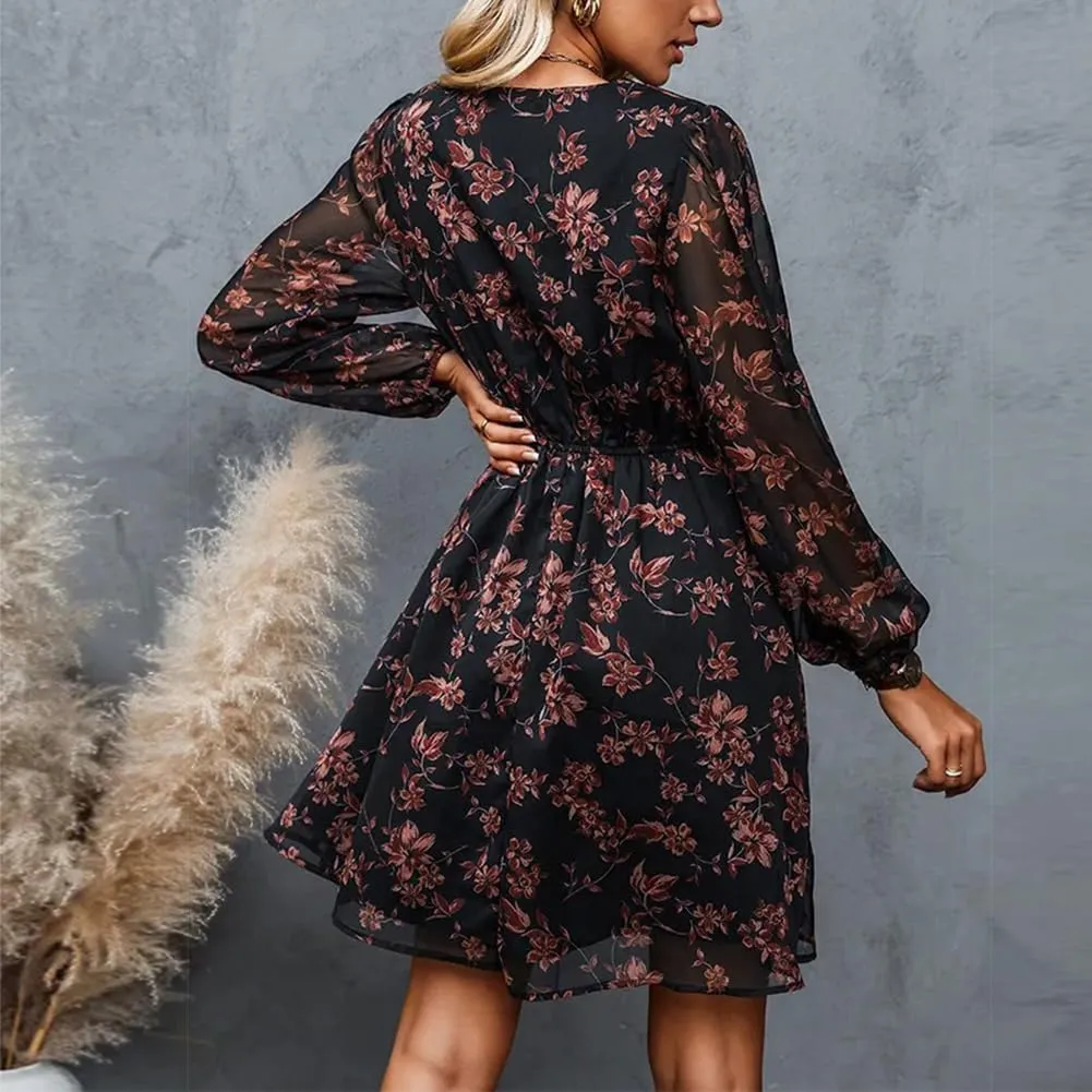 Women's Floral Print Chiffon Dresses V-Neck Tie Long Sleeve A-Line Ruffle Cocktail Party Dresses