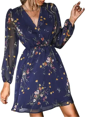 Women's Floral Print Chiffon Dresses V-Neck Tie Long Sleeve A-Line Ruffle Cocktail Party Dresses