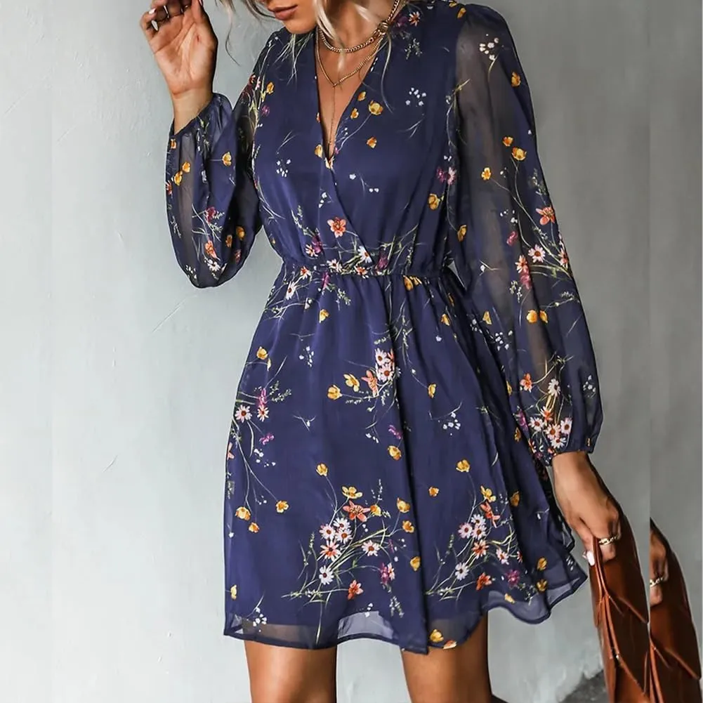 Women's Floral Print Chiffon Dresses V-Neck Tie Long Sleeve A-Line Ruffle Cocktail Party Dresses