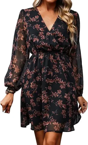 Women's Floral Print Chiffon Dresses V-Neck Tie Long Sleeve A-Line Ruffle Cocktail Party Dresses