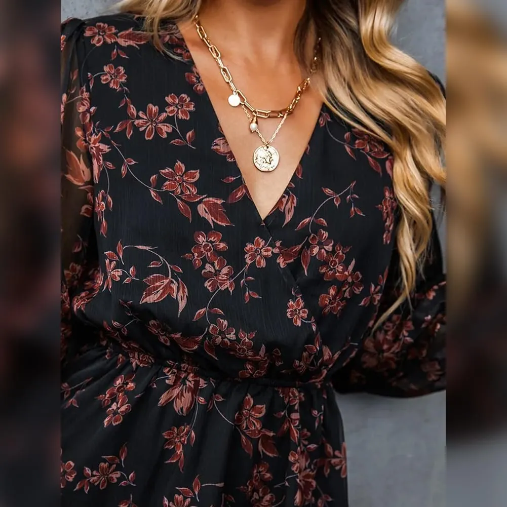 Women's Floral Print Chiffon Dresses V-Neck Tie Long Sleeve A-Line Ruffle Cocktail Party Dresses