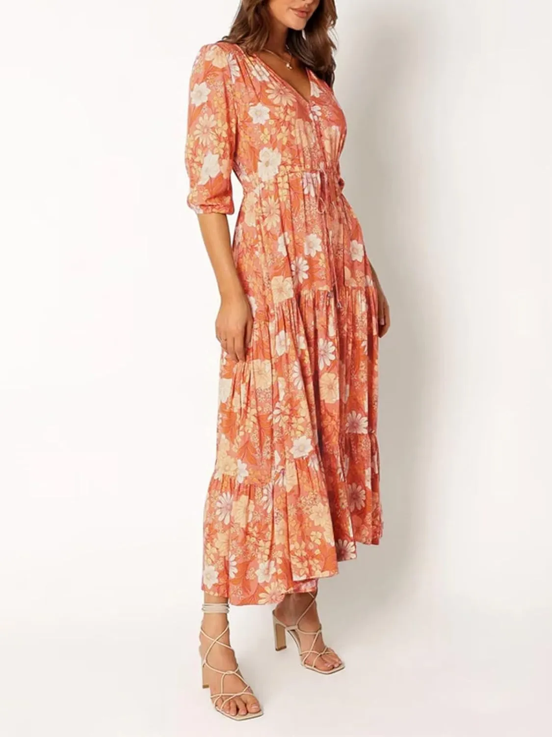 Women's Floral Print Maxi Long Dresses Deep V Neck Summer Beach Dress Half Sleeve A Line Flowy Dresses