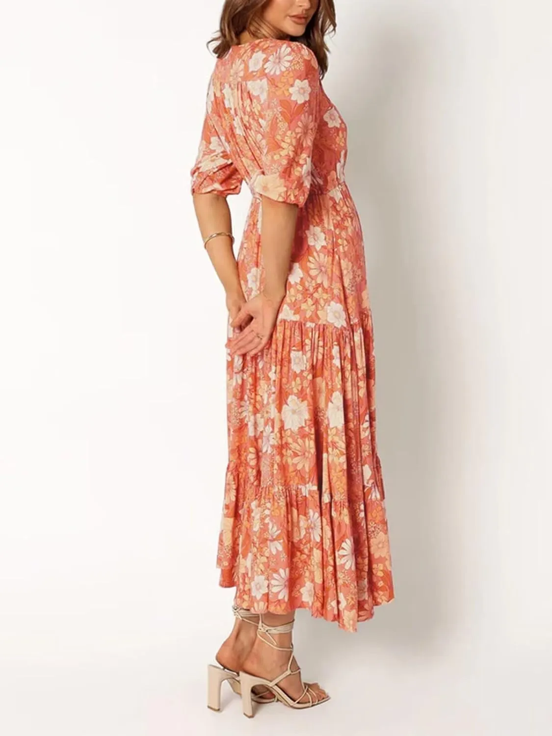 Women's Floral Print Maxi Long Dresses Deep V Neck Summer Beach Dress Half Sleeve A Line Flowy Dresses