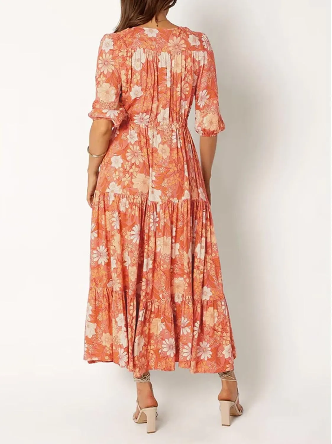 Women's Floral Print Maxi Long Dresses Deep V Neck Summer Beach Dress Half Sleeve A Line Flowy Dresses
