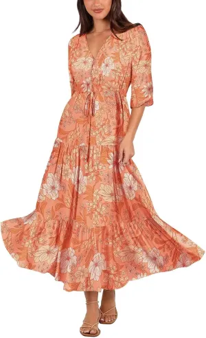 Women's Floral Print Maxi Long Dresses Deep V Neck Summer Beach Dress Half Sleeve A Line Flowy Dresses