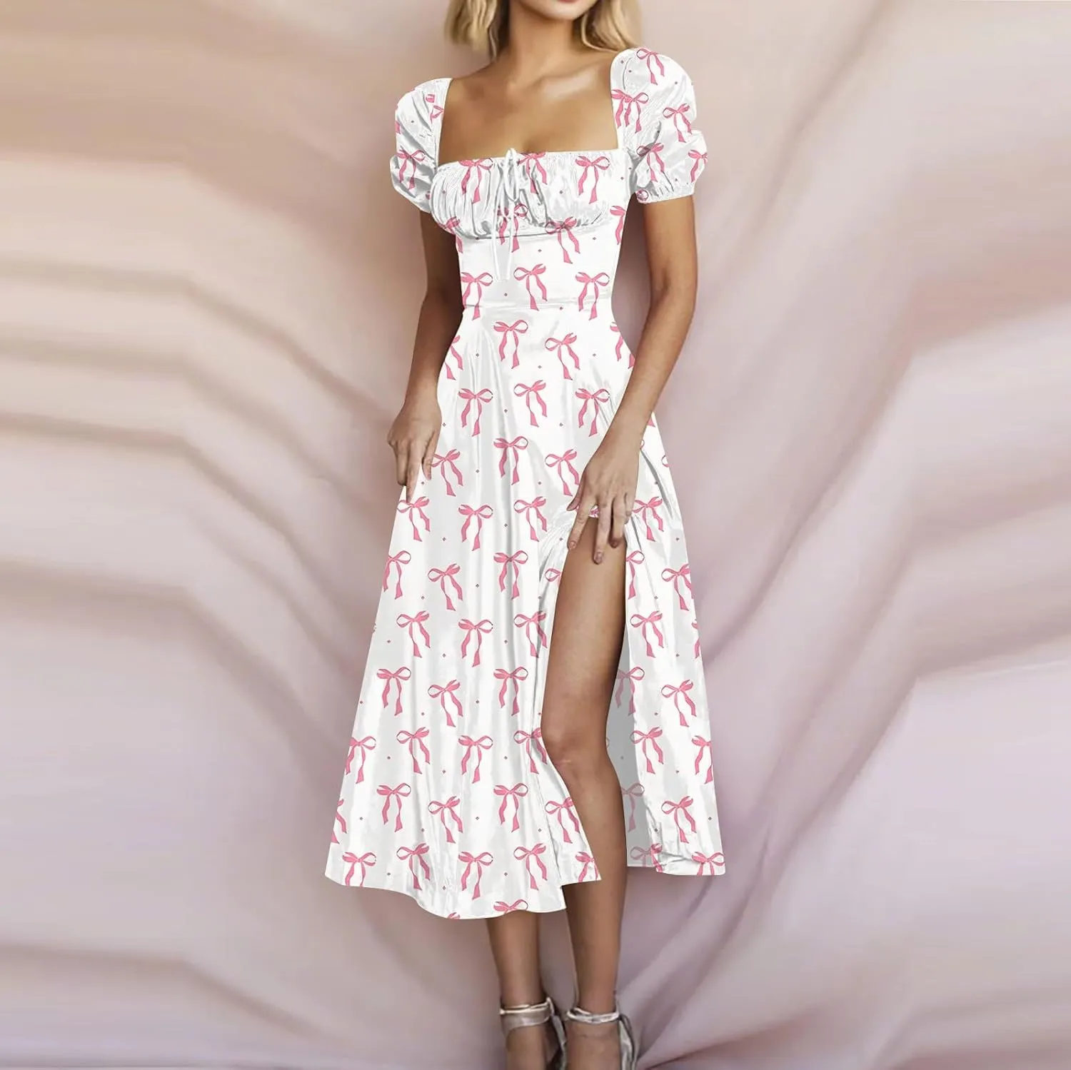 Women's Floral Print Puff Sleeve Square Neck Dress Casual Trendy Summer Boho Short Sleeve Split Midi Dresses