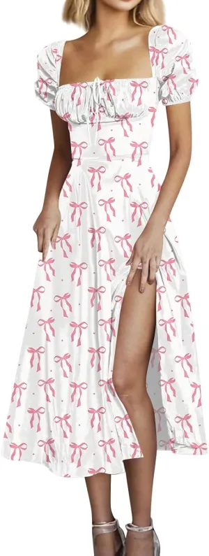 Women's Floral Print Puff Sleeve Square Neck Dress Casual Trendy Summer Boho Short Sleeve Split Midi Dresses
