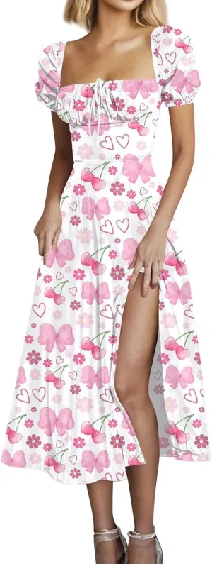 Women's Floral Print Puff Sleeve Square Neck Dress Casual Trendy Summer Boho Short Sleeve Split Midi Dresses